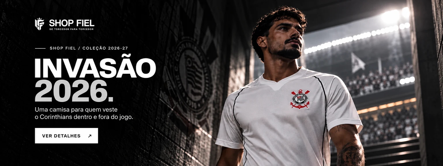Arte cinematográfica ilustrativa da Shop Fiel: modelo veste camisa branca do Corinthians.
